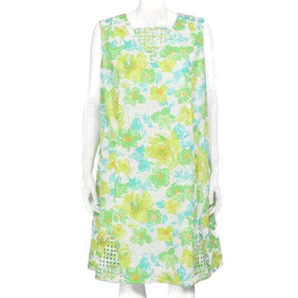 NWT Vtg 60s STARLITE OF MIAMI Mod Floral Bight Green Lattice Dress sz 20 1/2 150 - Picture 1 of 10